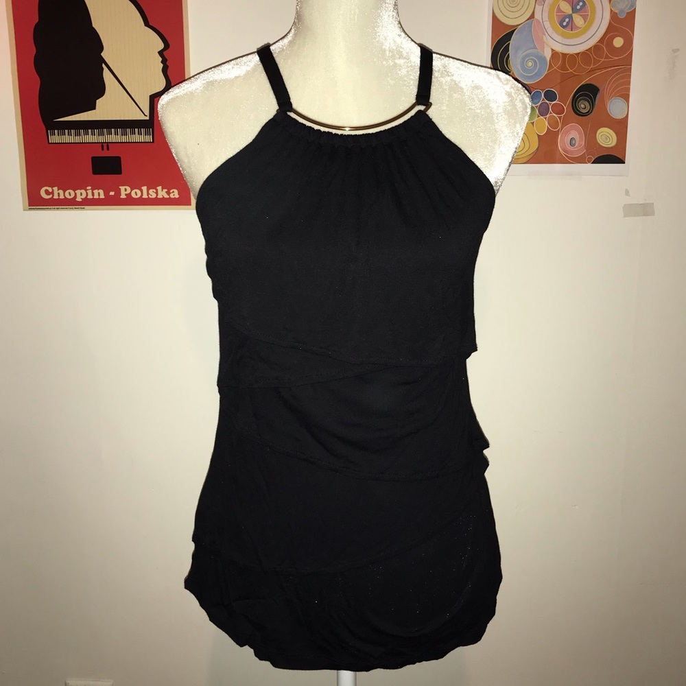 INC ruffle blouse with gold accent